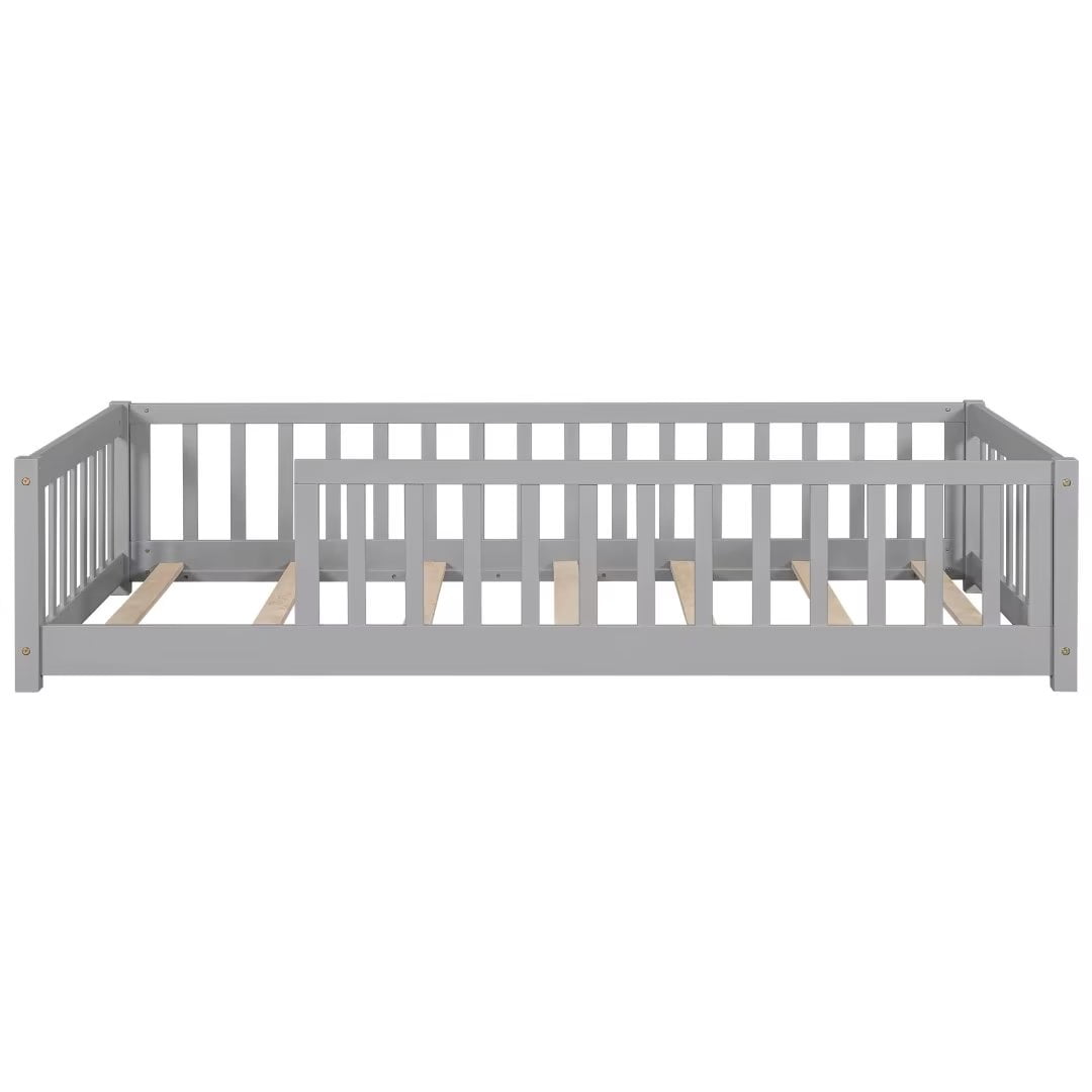 Triple Tree Kids Twin Pine Wood Floor Bed with Fence, Gray/White