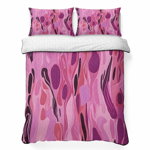 Pink Theme 3 Piece Quilt Bedding Set with 2 Pillow Shams, Abstract Art Lightweight Bedspread Coverlet, Soft Breathable All Season Quilt, 68 x 86 Inch