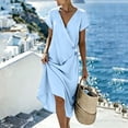 thumbnail image 6 of Women's Solid Color Wrap V Neck Midi Dress Short Sleeve Tie Waist Casual Vacation Dress with Pockets Blue XL(XL), 6 of 7