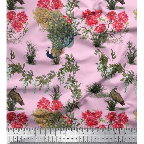 Soimoi Rayon Fabric Leaves,Floral & Peacock Bird Fabric Prints by Yard 56 Inch Wide