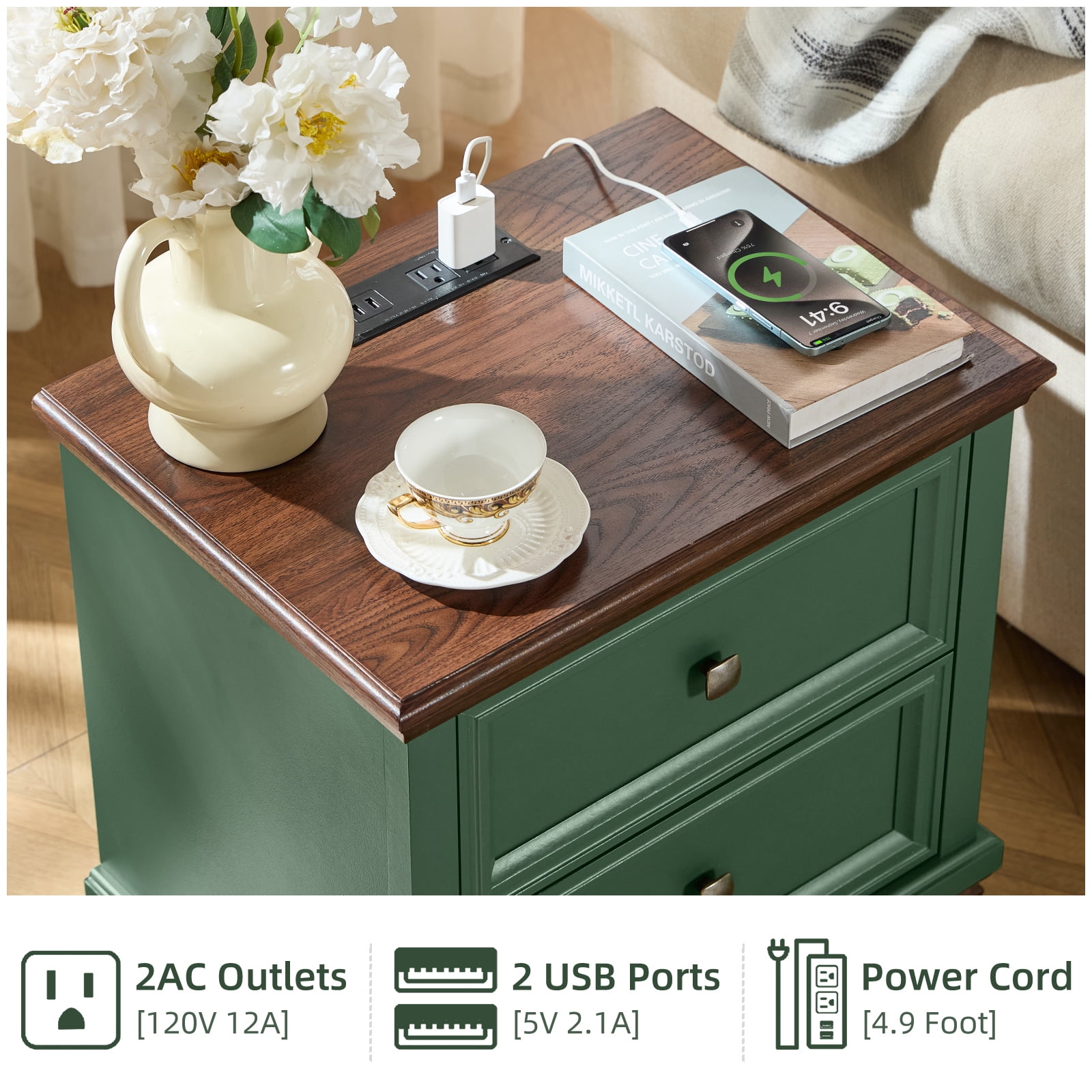 Buildhom Farmhouse Nightstand with Charging Station, 2-Drawer Rustic End Table with Solid Wood Legs for Bedroom, Green