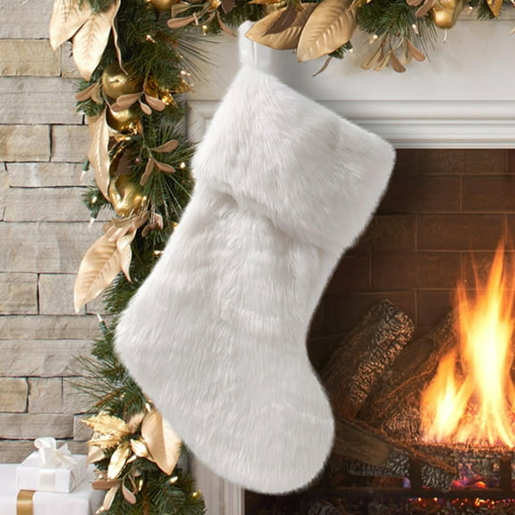 White Christmas Stockings,17.3 Inch Faux Fur Large Christmas Stocking for Hanging Decorations,Plush Christmas Solid Stocking Decorations Gift Bag for Fireplace,