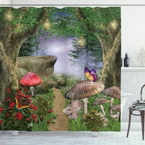 Mushroom Decor Shower Curtain Set, Enchanted Nature Pathway Butterflies Fairytale Landscape Rocks Street, Bathroom Accessories, 69W X 70L Inches, By Ambesonne