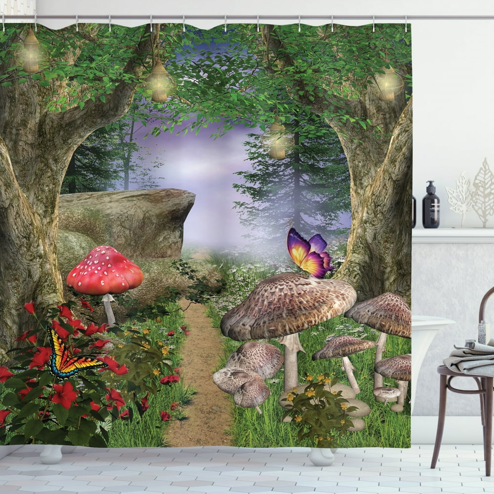 Mushroom Decor Shower Curtain Set, Enchanted Nature Pathway Butterflies