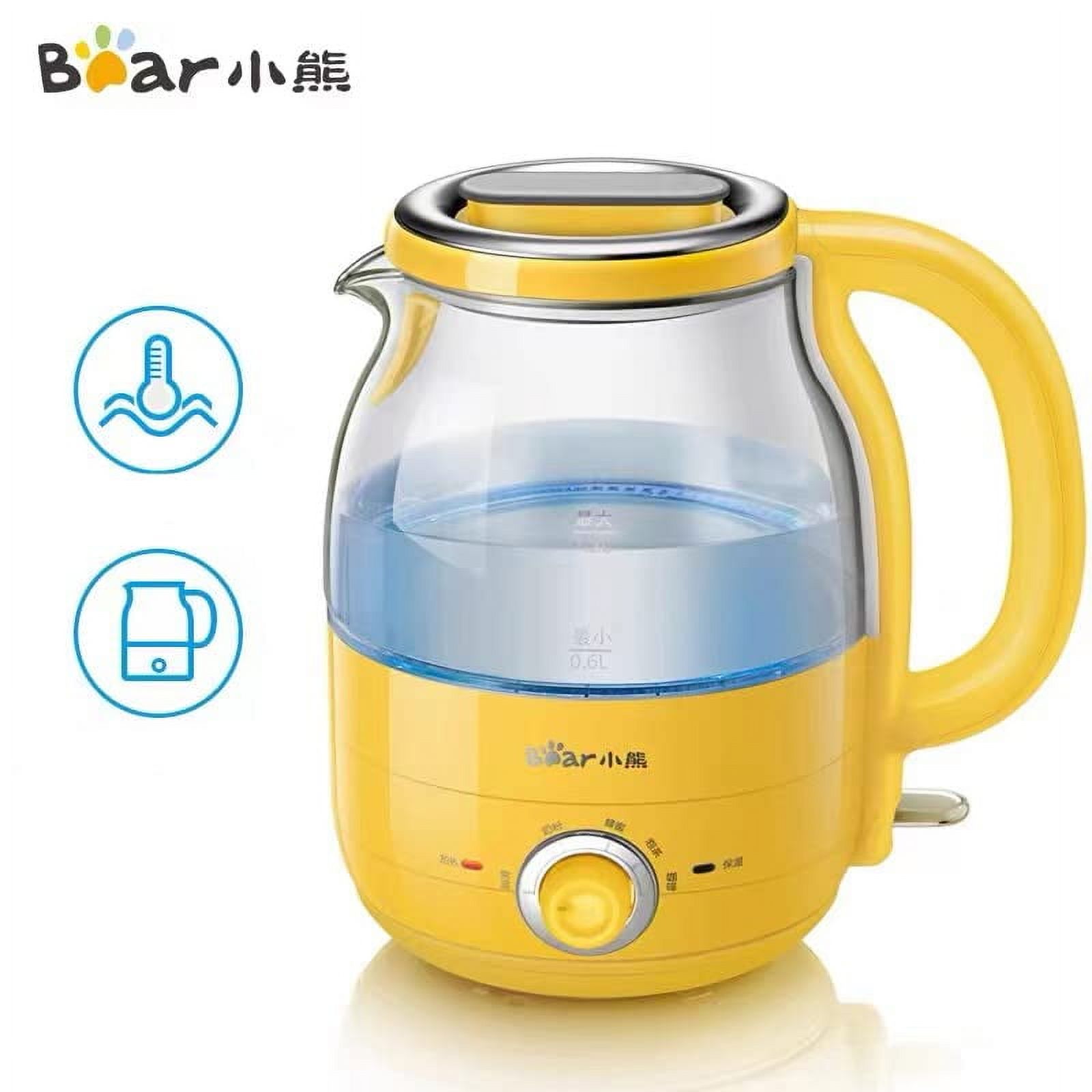 Bear 1.2L Electric Kettle, Electric BPA-Free Glass Kettle, Temperature Dial, Keep Warm Function, Cordless 360° Base, Auto Shut-Off Function – Quick Boil, Beige/Yellow, 1.2L
