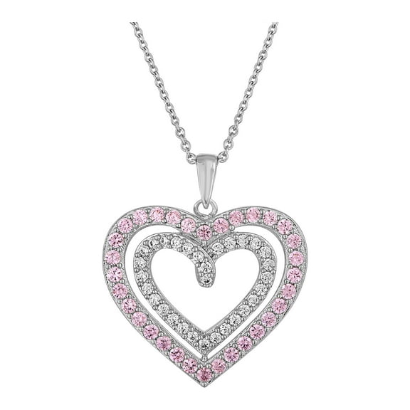 Sterling Silver Plated Simulated Pink Sapphire with CZ Accents Heart Pendant, 18