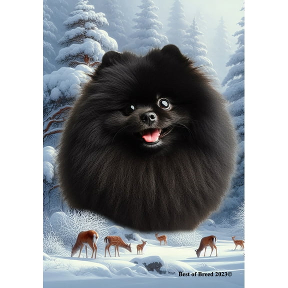 Pomeranian Black - Best of Breed  Winter Wonderland Garden Flag 12" x 17"