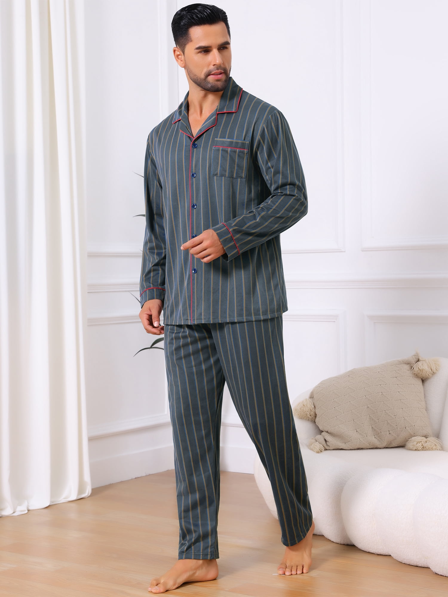 DARING DIVA Men's 2-Piece Long Sleeve Button Down Pocket Pajamas Set S Dark Blue