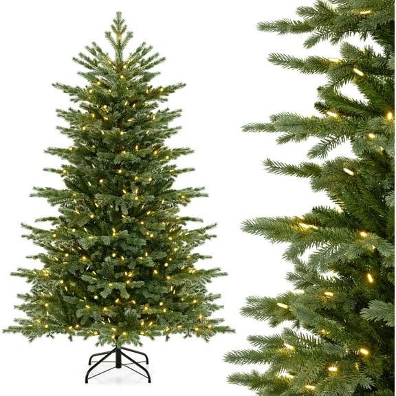 RONG-3 6 FT Pre-Lit Artificial Xmas Tree, Hinged Christmas Tree with 2116 PE PVC Branch Tips, 300 Warm White LED Lights & Folding Metal Stand, Decoration Tree for Home, Shop & Carnival