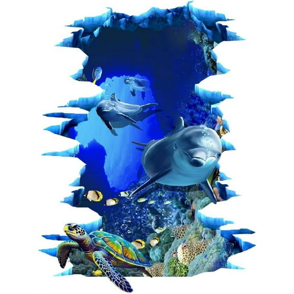 3D Broken Wall Stickers Blue Dolphin Turtle Ocean World Wall Decals Under The Sea Tropical Fish DIY Vinyl Stickers Peel and Stick Underwater Wallpaper Decor for Floor Boys Bedroom