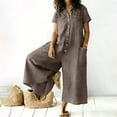 thumbnail image 5 of pstuiky Wide Leg Jumpsuits for Women Dressy Linen Button down One Piece Jumpsuits Summer Work Casual Jumpsuits Short Sleeve Rompers for Women Overalls with Pockets, Brown M, 5 of 7