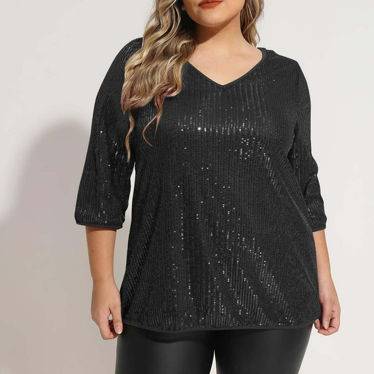 Hvyesh Plus Size Glitter Tops for Women 3/4 Sleeve Shirts Evening