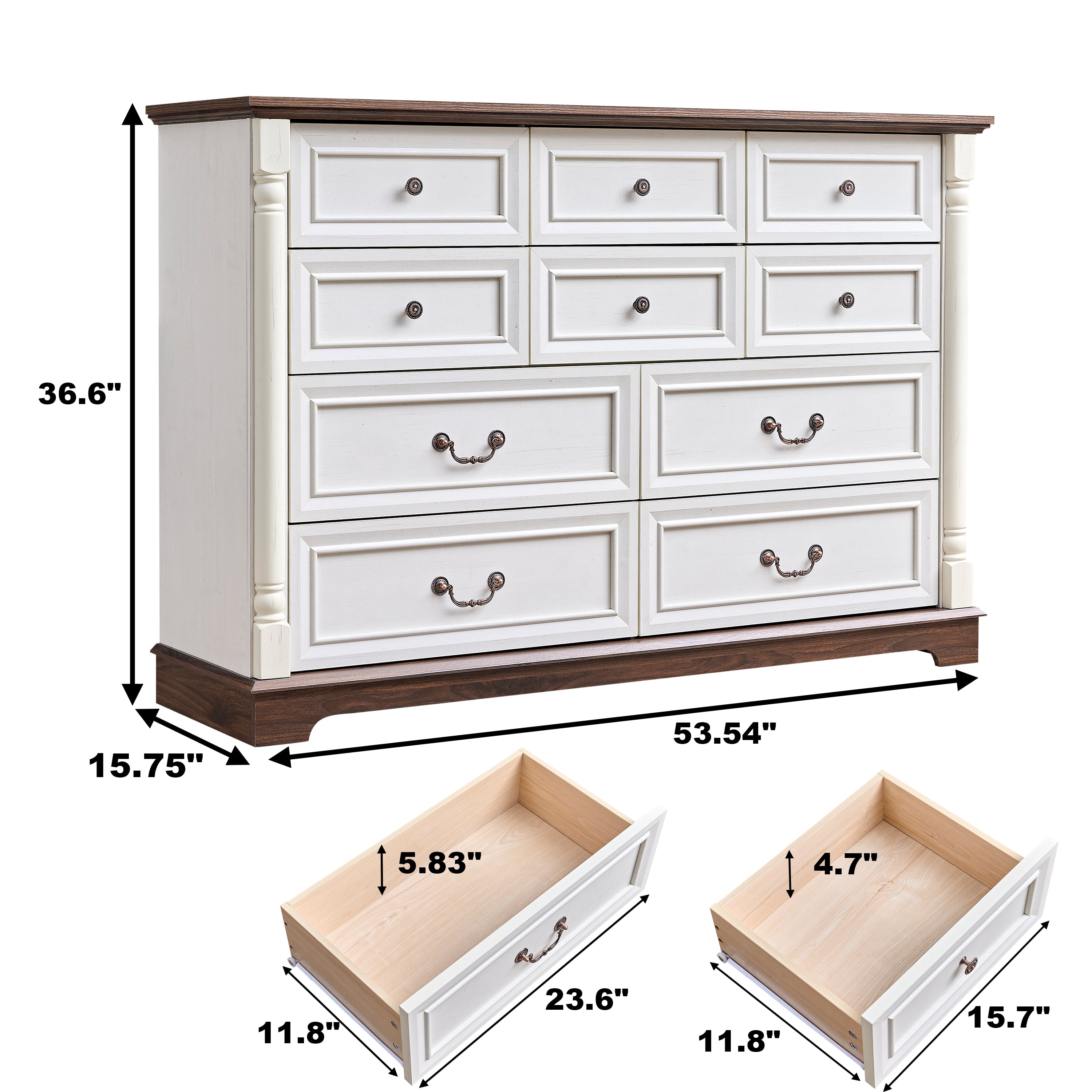 AENKYO 10-Drawer Wide Dresser, Extra Large Vintage Farmhouse Drawer Chest for Bedroom or Living Room, Antique White