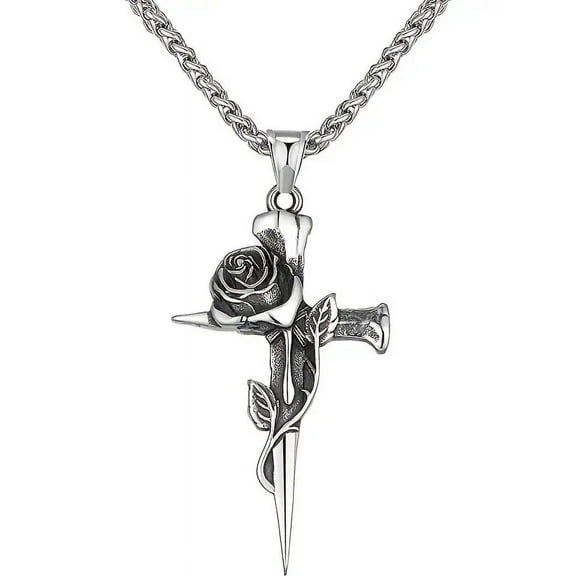 1 Piece New Stainless Steel Solid Cross Rose Pendant Titanium Necklace Men's Hip Hop Personalized Accessories