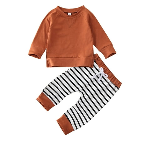 

ZIYIXIN 2Pcs Toddler Baby Boy Girl Long Sleeve T-Shirt Tops+Striped Pants Fall Spring Outfits Tracksuit Brown 12-18 Months