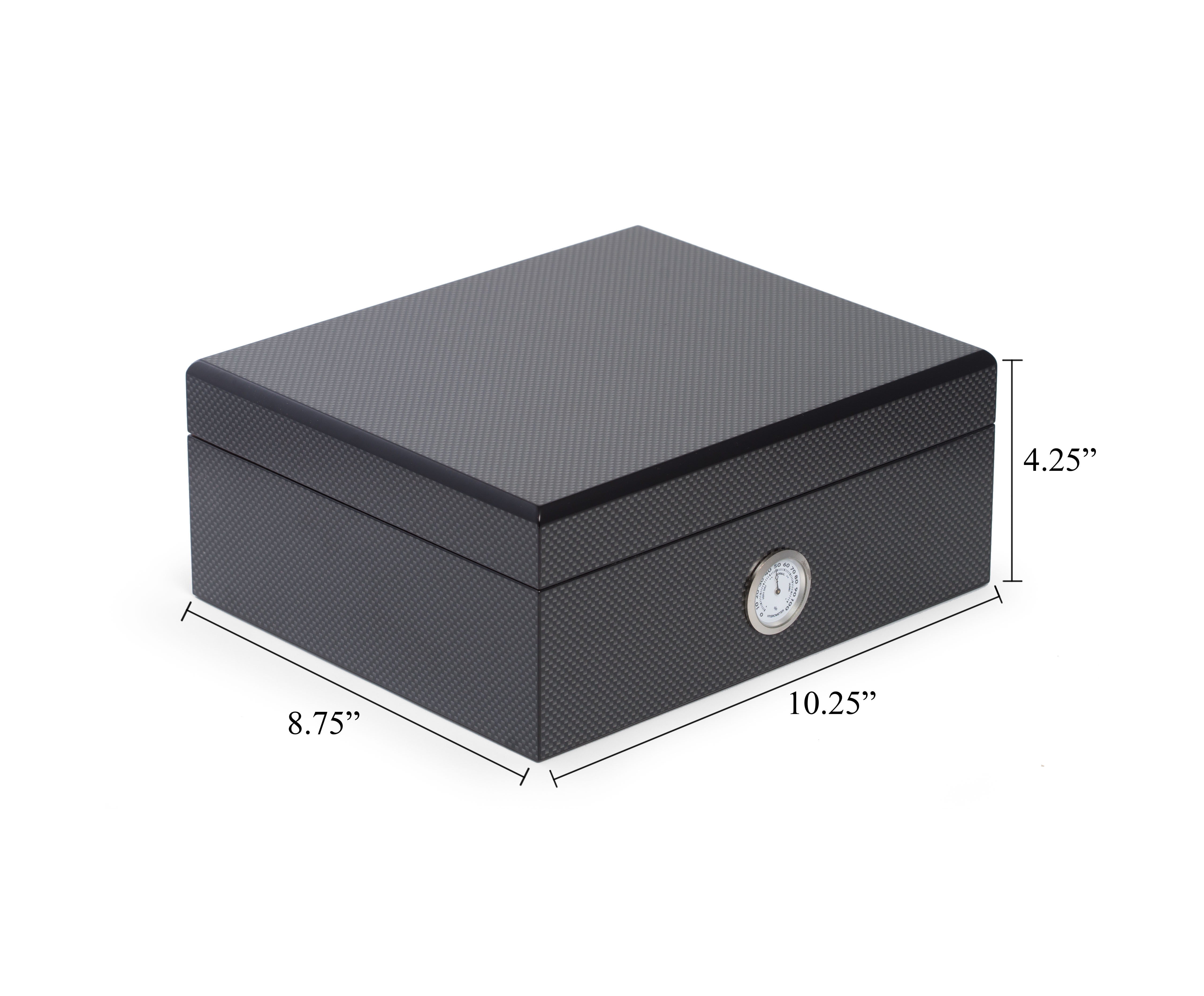 6 Piece "Carbon Fiber" Design Humidor Set. Includes Cedar Lined 50 Cigar Humidor, Single Cgar Ashtray, Leather Double Cigar Tavel Case, Cutter, Humidistat and External Hygrometer.