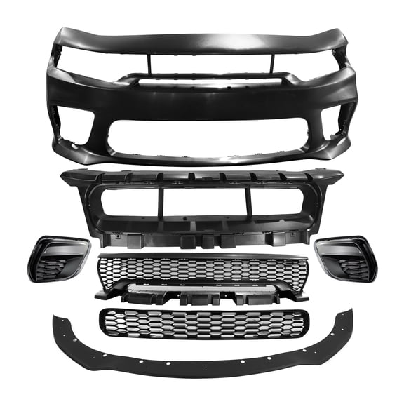 Ikon Motorsports Front Bumper Conversion W/ Matte Black Lip Compatible With 2015-2023 Dodge Charger Widebody Style Front Bumper Cover & Upper Grille & Lower Grille & Foglight Covers