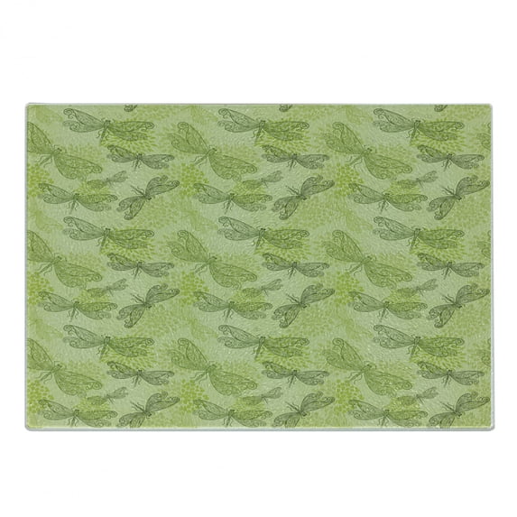 Dragonfly Cutting Board, Sketchy Butterfly Like Bugs with Floral Ivy Print Wings Art, Decorative Tempered Glass Cutting and Serving Board, Small Size, Pale Green Dark Green, by Ambesonne