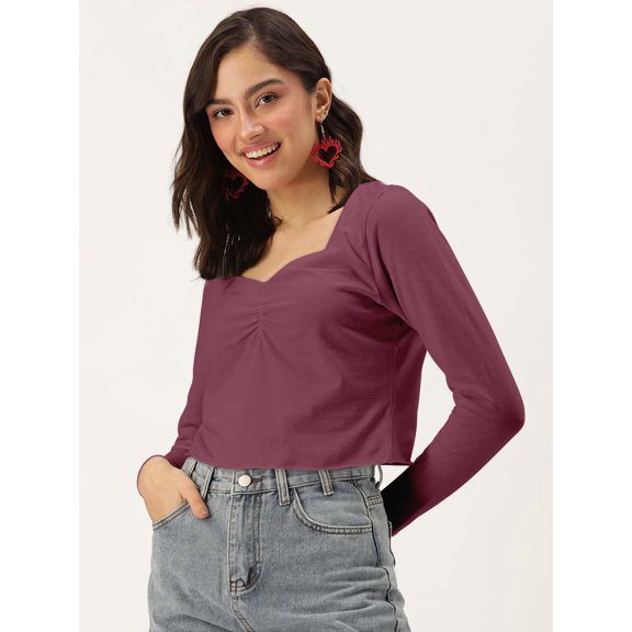 DressBerry Women's Solid Cotton Jersey Top Casual Summer Long Sleeves Sweetheart Neck Western Style Slip-On Light Weighted Loose Fitted Blouse Top