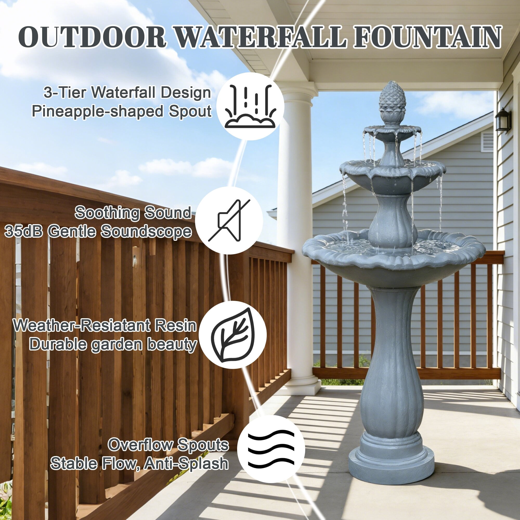 Kaluomm 48" 3-Tiers Outdoor Water Fountain, Italian Pineapple Large Cascading Waterfall Fountains, Weather-Resistant Resin Freestanding Fountain Features for Garden Patio Backyard, Gray