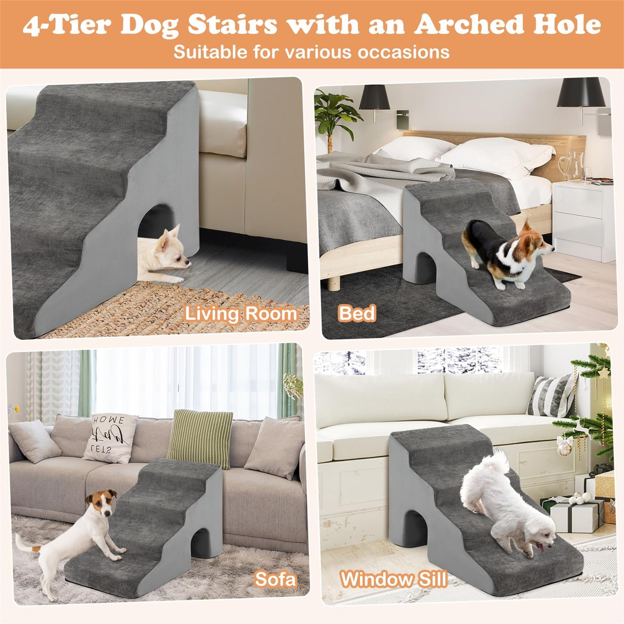 Kadyn 27" Dog Stairs for Small Pets with High-Density Sponge and Silicone Paw Prints, 4-Step Dog Ramp for Beds and Couch, Gray