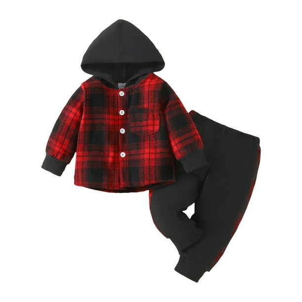 Gibobby Conjunto de Sudadera y Leggings de Lana Camiseta de manga larga con estampado a cuadros para niños y niñas, trajes con pantalones y camisetas con capucha(Rojo,18-24 Meses)