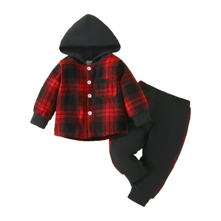 

Toddler Boys Girls Long Sleeve Plaid Prints T Shirt Hooded Tops Pants Outfits Boys Clothing Sets