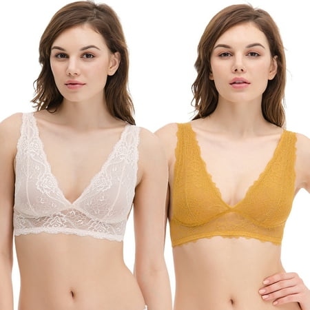 

Curve Muse Plunge Bralette with Floral Lace-2pack-YELLOW BEIGE-XL:38B 38C 38D 38DD 40B 40C 40D 40DD