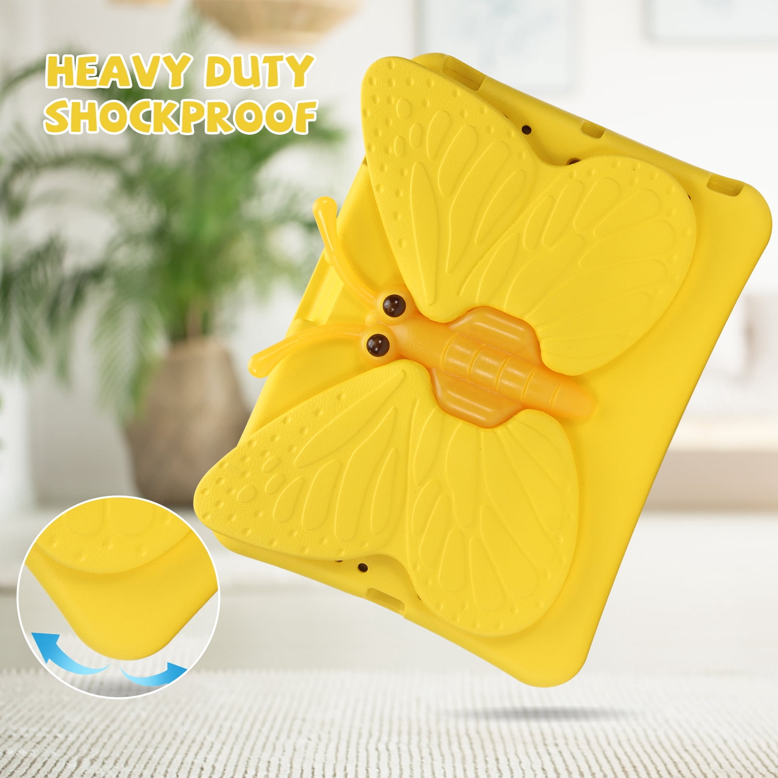 Kids Case for Apple iPad 9th 8th 7th Generation 2021/2020/2019 10.2 Inch, iPad Air 3rd Gen 10.5" Case, Cute Butterfly Rotating Stand Lightweight Kids Friendly Shockproof Case with Pencil Holder,Yellow