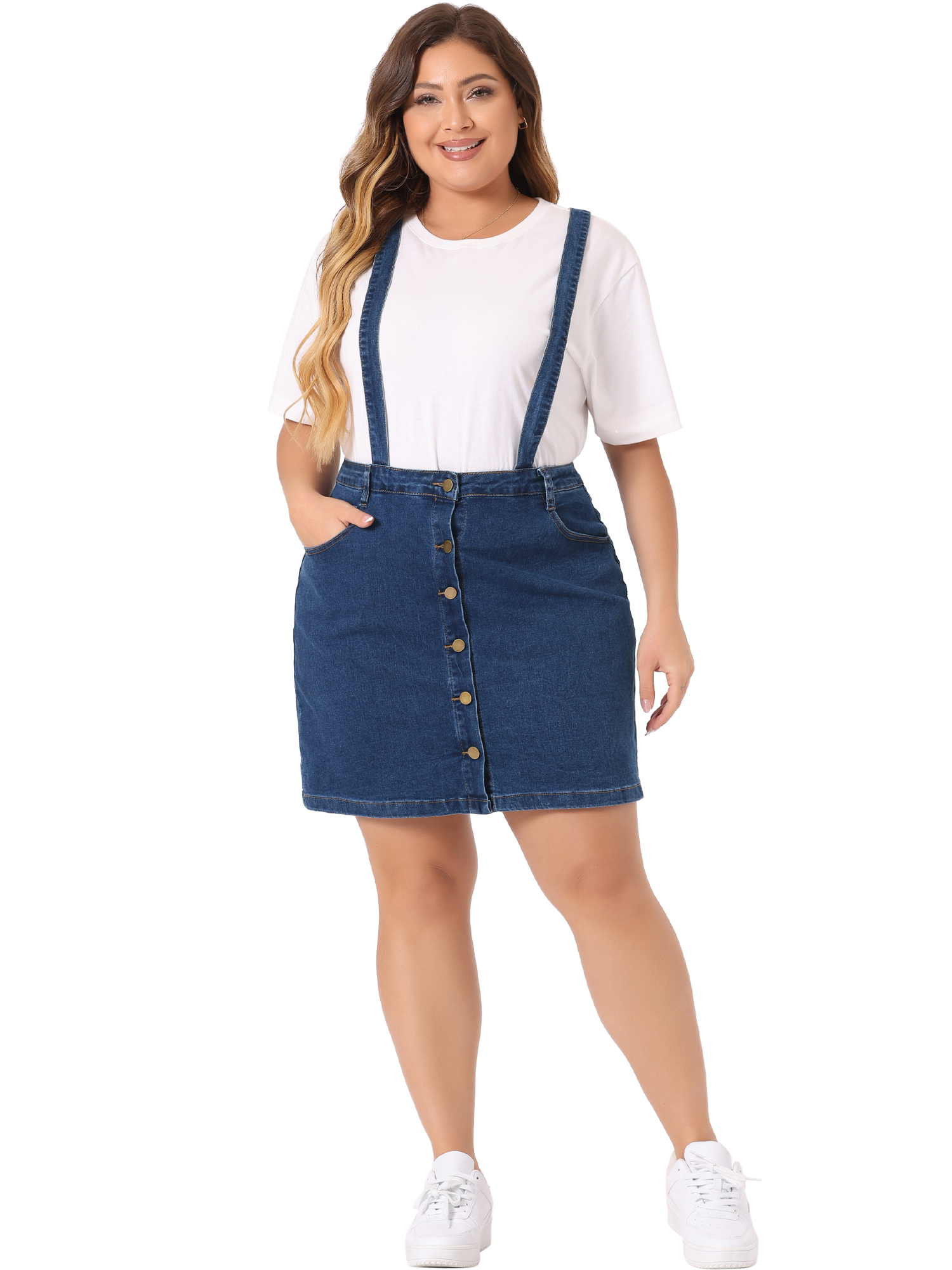 DARING DIVA Women's Plus Size Suspender Adjustable Strap Denim A-Line Dress 1X Dark Blue