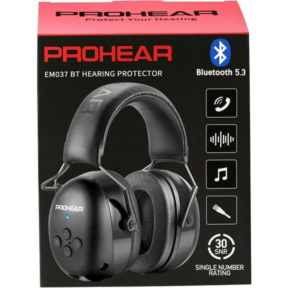 PROHEAR Hearing Protection with Bluetooth 5.3 Technology, SNR 30dB Safety Earmuffs with Rechargeable 1500mAh Battery, Black