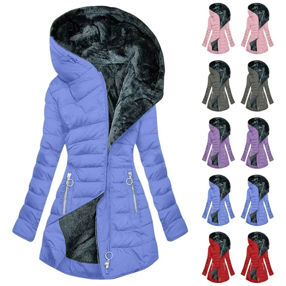 JURANMO Today's Deals Women’s Winter Coat Fleece Lined Warm Winter Jacket Slim Fit Zipper Quilted Puffer Jackets Plus Size Outwear with Hood Purple S