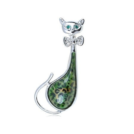 Leopard Cat Pin - Crystal Elements Green Leopard Bodied Bow Tie Kitty Cat Pin Brooch
