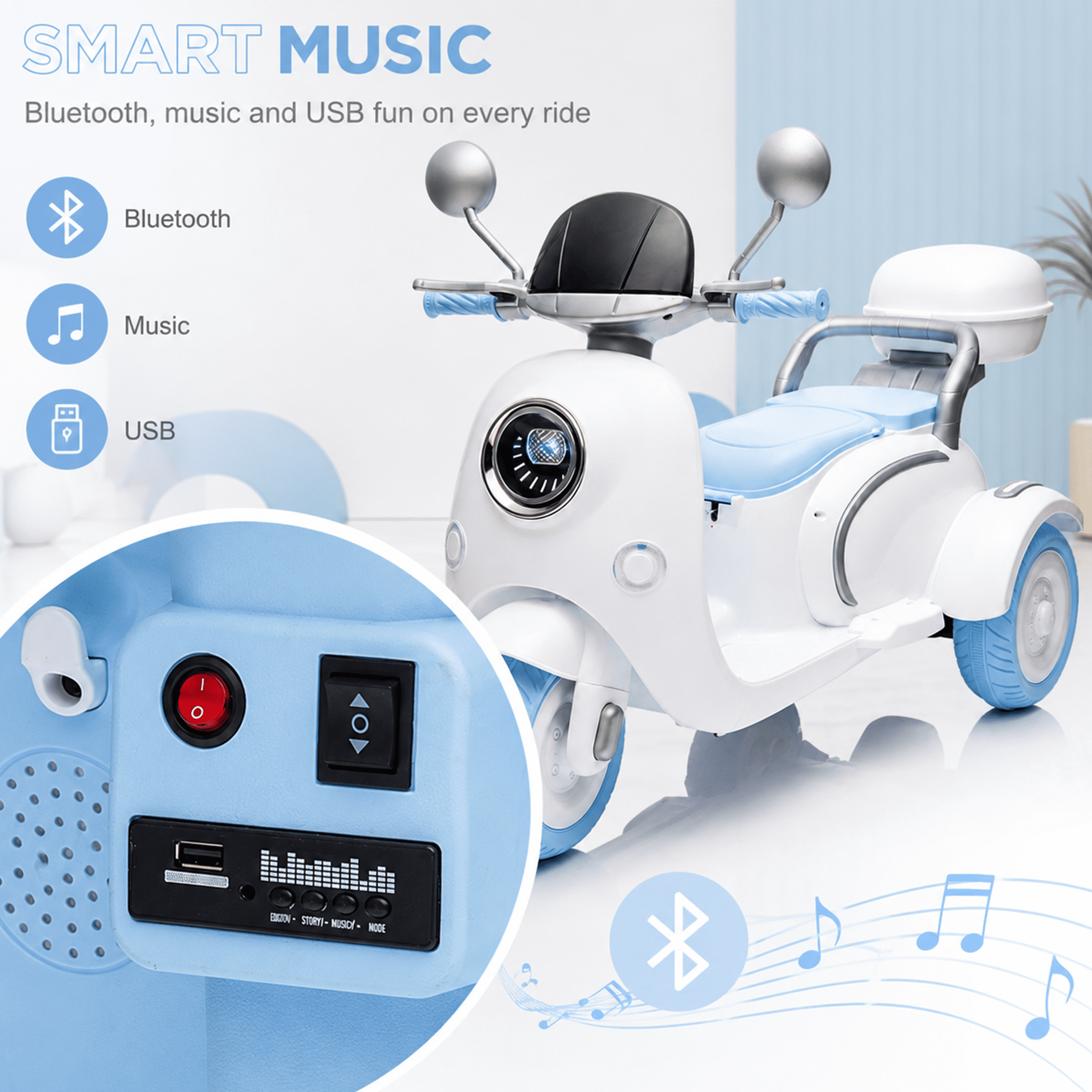 12V Electric Motorcycle for Kids, 2 Seater Battery Power Ride on Motorcycle Toys with Slow Start, LED, Music, USB, 3 Wheel Electric Motorcycle for Boy Girl Birthday Gift, Blue