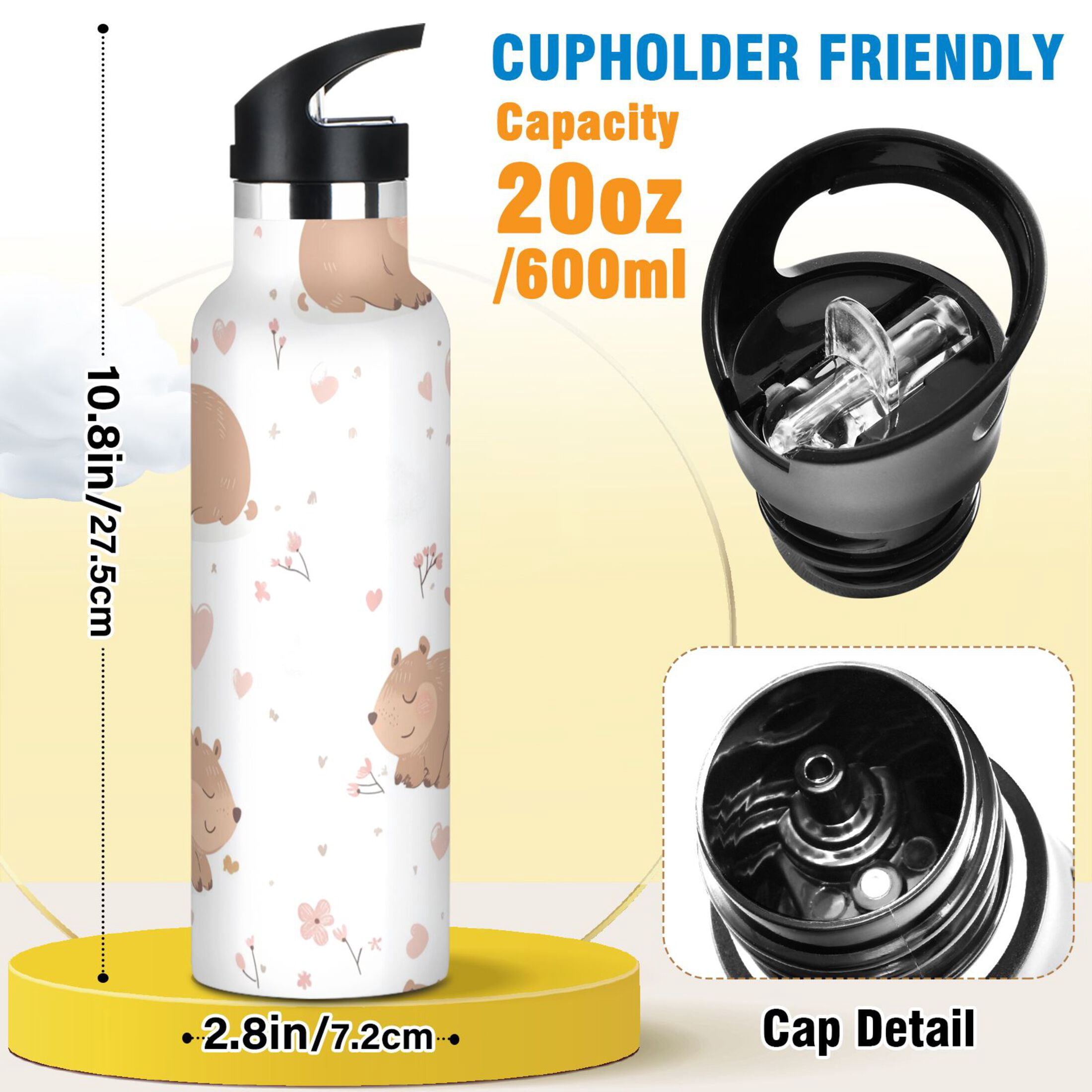 Kids Insulated Stainless Steel Sports Water Bottle 600ml (20oz) Cute Capybara Pattern