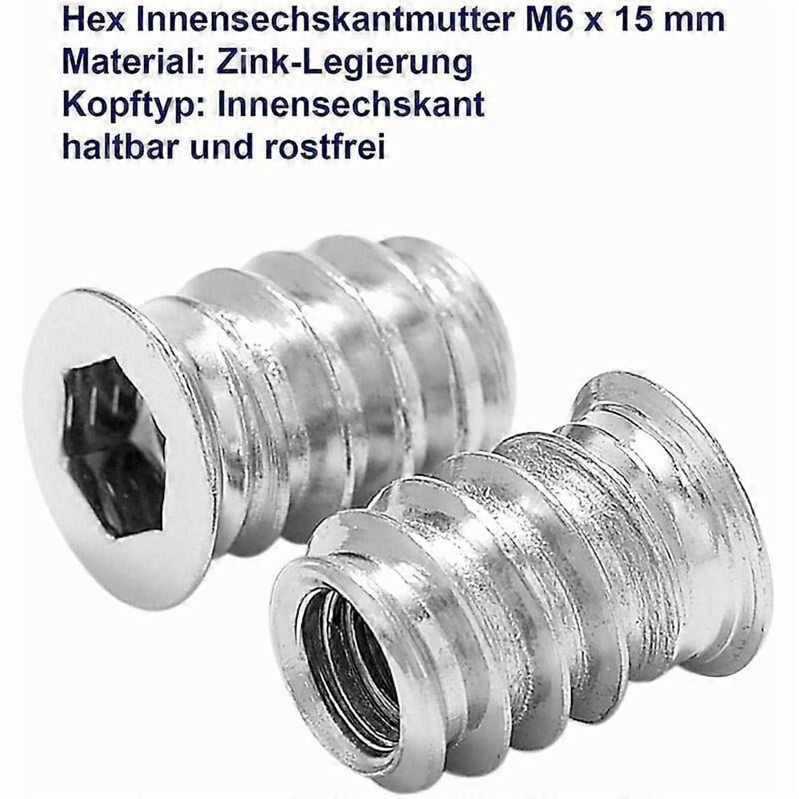 100PCS Wood Threaded Insert Hex Nut M6 x 15mm Zinc Alloy Screw Insert Threaded Socket Head Screw M6 Wood Insert for Furniture Chairs Wooden Beds