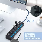 USB Hub 3.0, 7 Port USB Hub Splitter with Individual On/Off LED Switches 2.1ft Extended Long Cable for Laptop, MacBook, Surface Pro