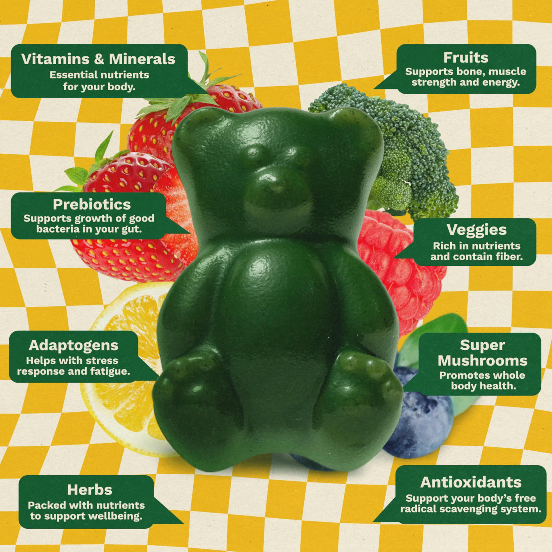 Gruns Kids Superfood Greens Multivitamin Gummies with 4g of Fiber for Ages 2+, 3 Count