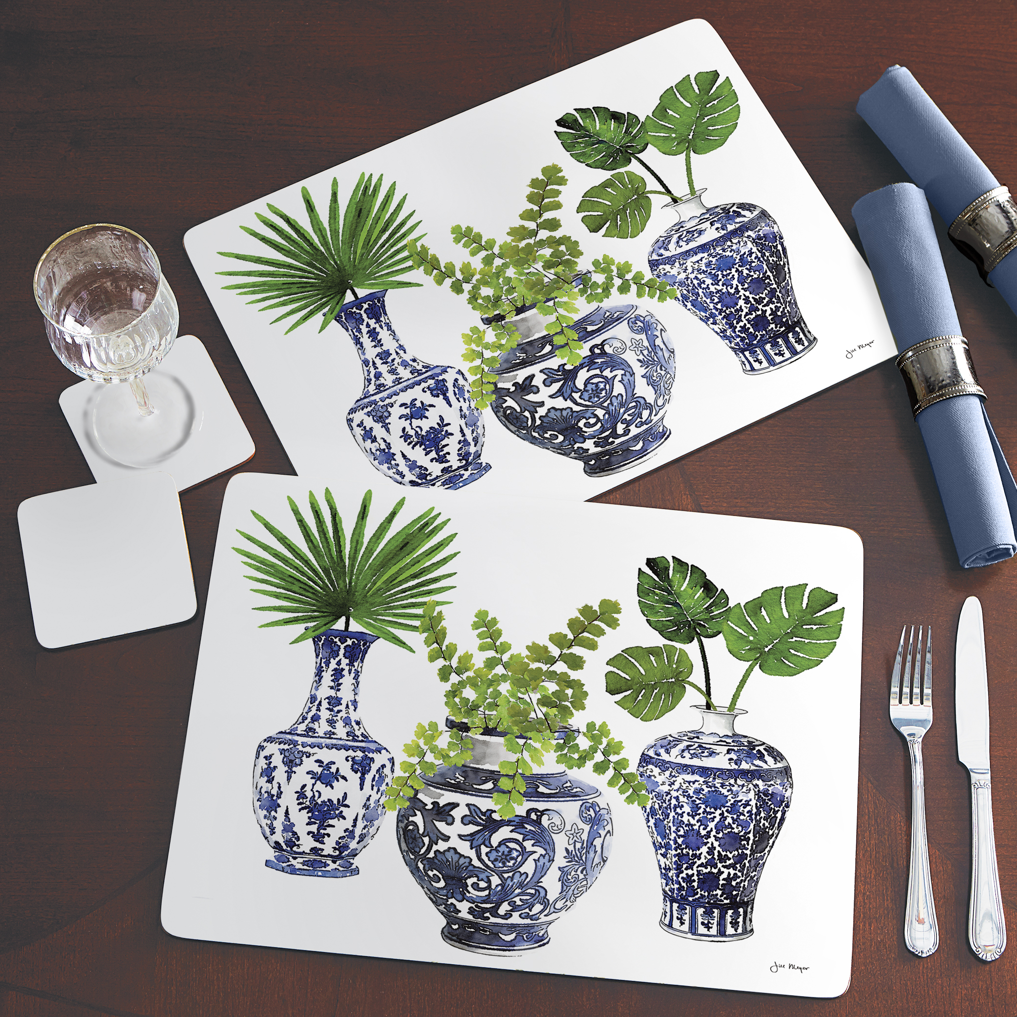 Cala Home "Blue Delft Vases" Premium Decorative Hardboard Cork Back Tabletop Placemats 4 Pack