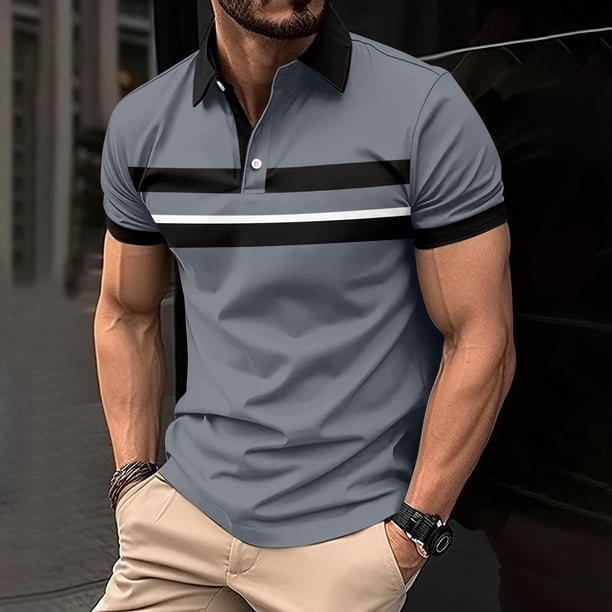 pstuiky Camisa de manga corta para hombre, Camisa tipo blusa de manga larga con cuello vuelto y solapa con estampado de botones para hombre ropa de hombre m
