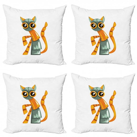 Colorful Throw Pillow Cushion Case Pack of 4, Antique Cat Mechanical Device Robotic, Modern Accent Double-Sided Print, 4 Sizes, White Orange, by Ambesonne