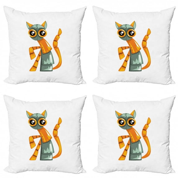 Colorful Throw Pillow Cushion Case Pack of 4, Antique Cat Mechanical Device Robotic, Modern Accent Double-Sided Print, 4 Sizes, White Orange, by Ambesonne