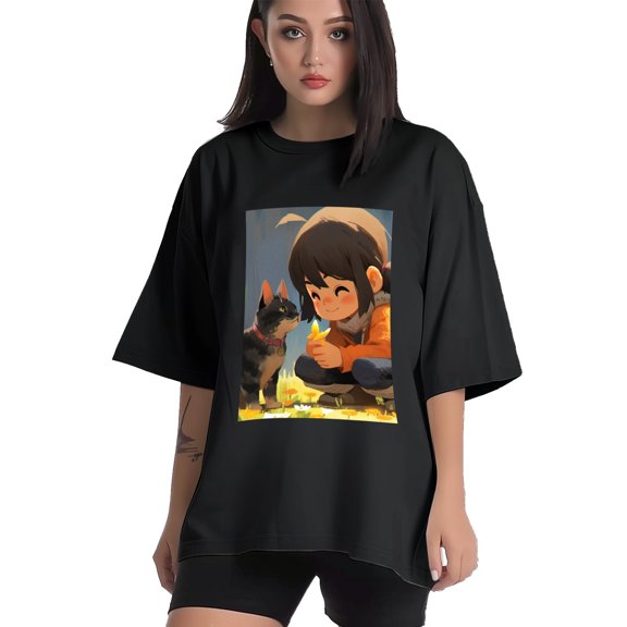 Plus Size Shirt for Women Black Tops for Women Short Sleeves Shirt for Women Girl And Cat2 T Shirt Crewneck Shirt for Women XS