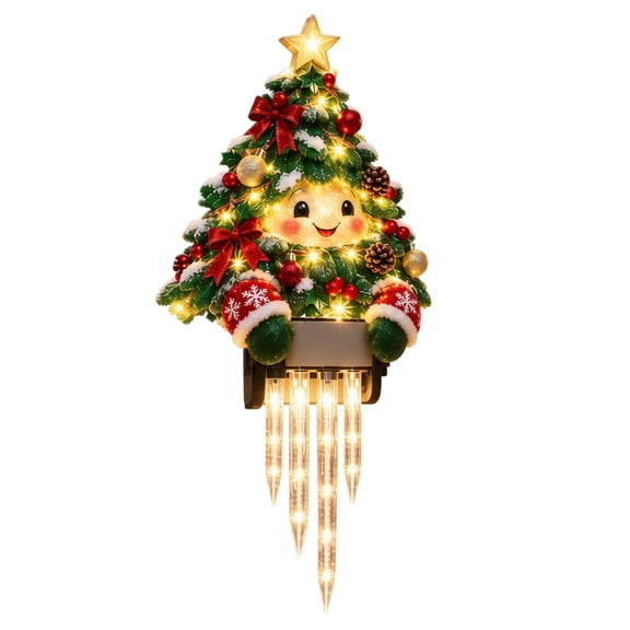 Led Christmas Lights Outdoor Deck Railing Lamp with Warm White Icicle, 1 Pack, Cute Tree Design, for Porch, Christmas Decoration