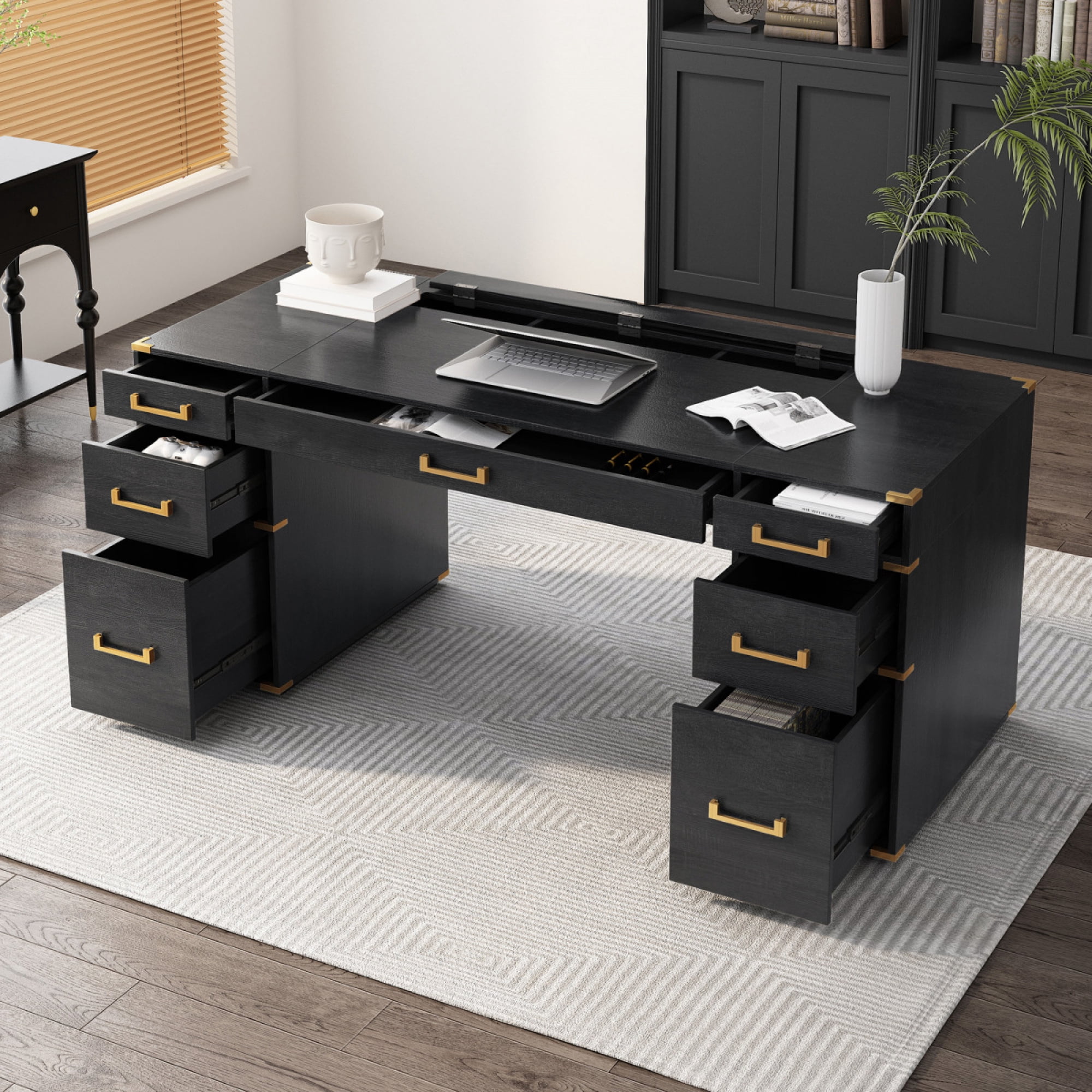 70" Extra-Large Classic and Traditional Executive Desk with Metal Edge Trim ,Writing Desk with 2 file drawers,USB Ports and Outlets,Desk with Hidden Compartment for Living Room