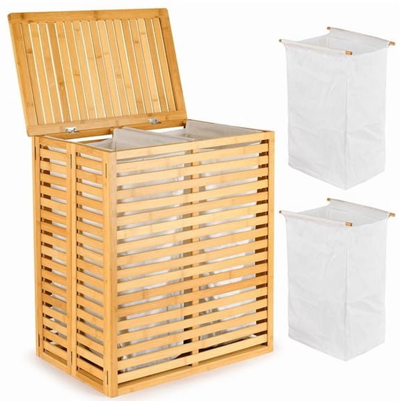 Bamboo Laundry Hamper with Lid – Foldable Clothes Basket with 2-Section Removable Liner Bag Space-Saving Laundry Sorter for Bathroom Bedroom and Laundry Room (Natural 21.69‘L x 13.8
