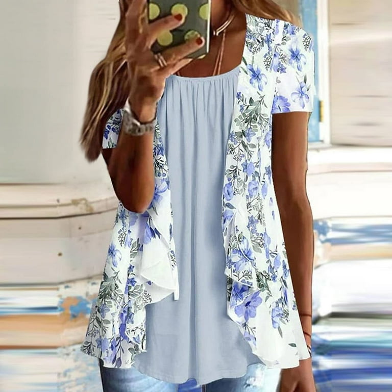 YYDGH Women's Summer Layered 2-in-1 Tunic Tops Casual Floral Printed Short  Sleeve Pleated Flowy Dressy Blouses T Shirts Blue S