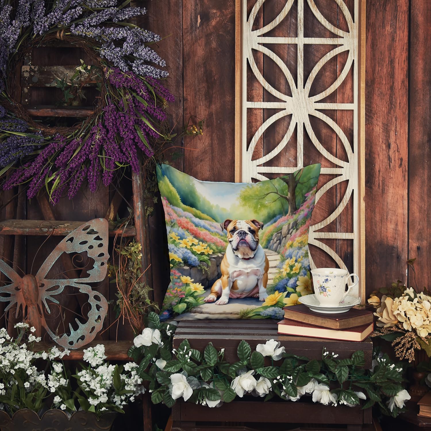 English Bulldog Spring Path Throw Pillow 14 in x 14 in