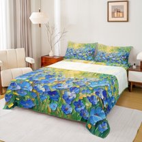 Manfei Chic Blue Floral Flowers 4 Pieces Queen Sheet Sets for Female Men,Abstract Oil Painting Ultra Soft Flat Sheet,Blue Green Queen Fitted Sheet,Microfiber Bedroom Decor