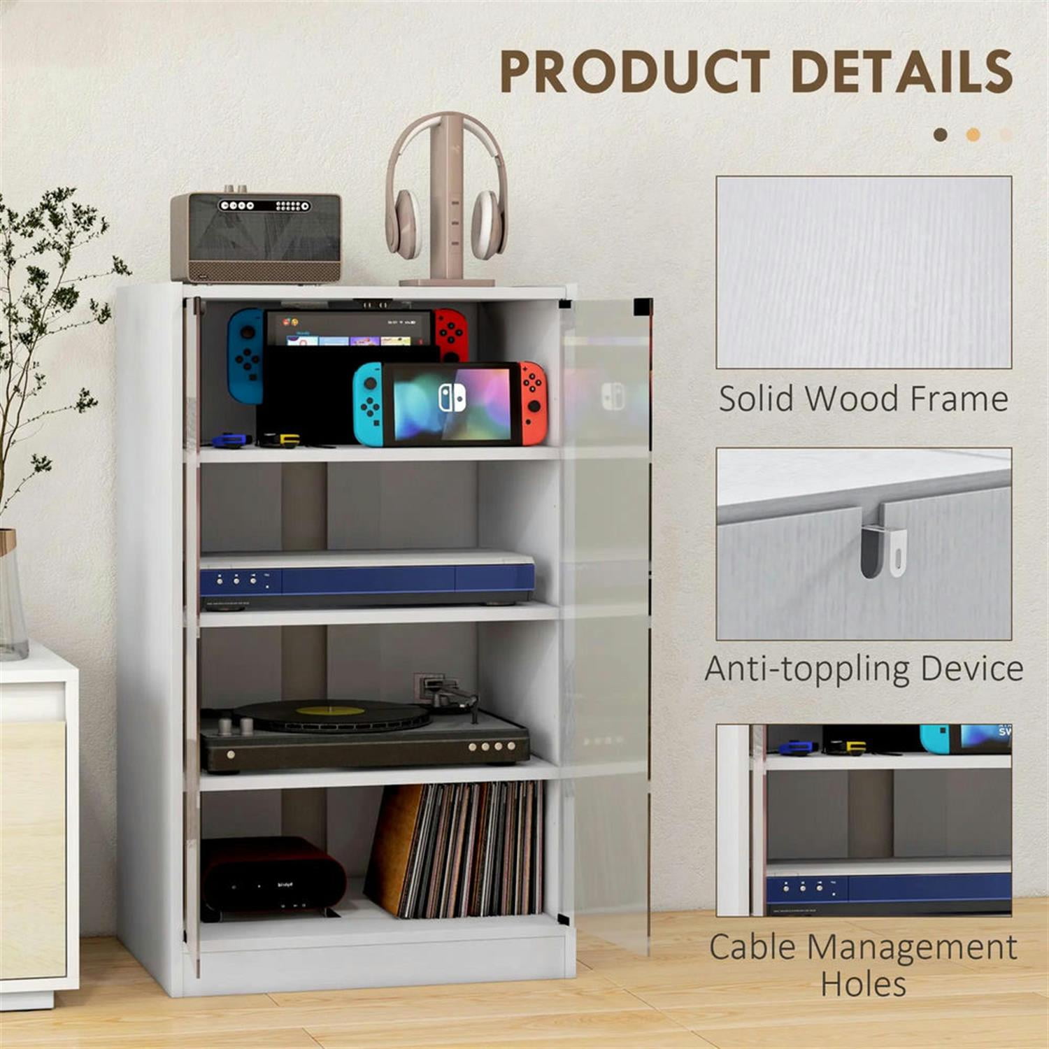 Demi Bonn 5-Tier Media Stand, DVD Storage Cabinet with Adjustable Shelves, Tempered Glass Doors, and Cable Management, White